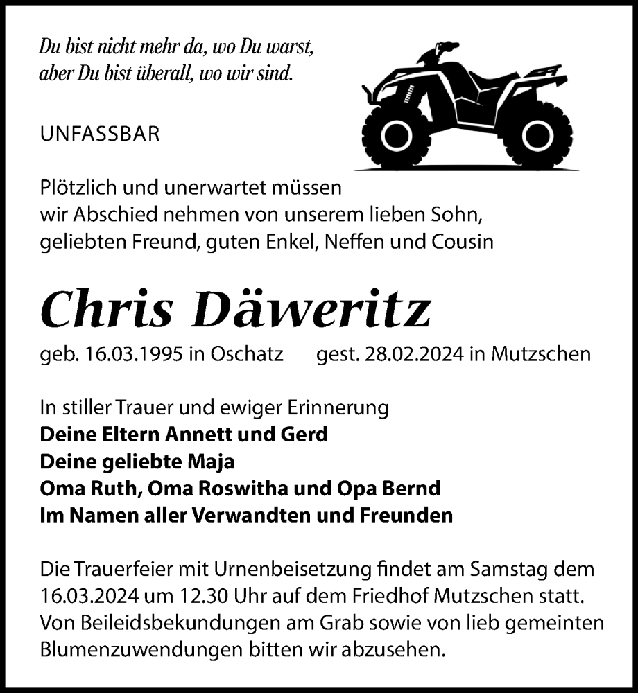 Traueranzeige für Chris Däweritz vom 09.03.2024 aus Leipziger Volkszeitung