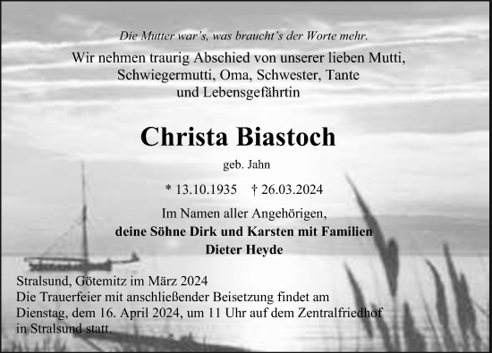 Traueranzeige von Christa Biastoch von Ostsee-Zeitung GmbH