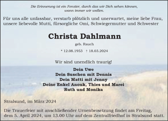 Traueranzeige von Christa Dahlmann von Ostsee-Zeitung GmbH