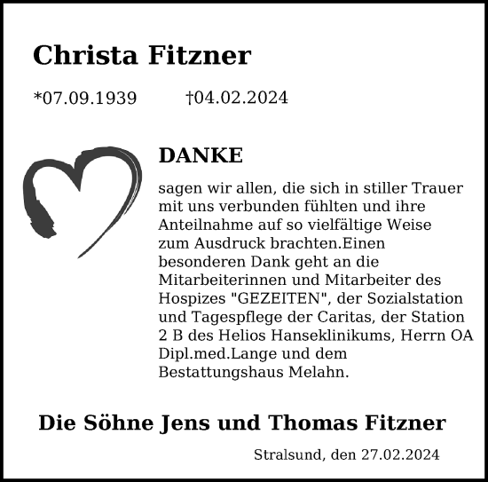 Traueranzeige von Christa Fitzner von Ostsee-Zeitung GmbH
