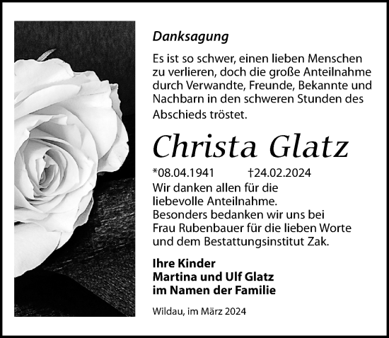 Traueranzeige von Christa Glatz von Märkischen Allgemeine Zeitung