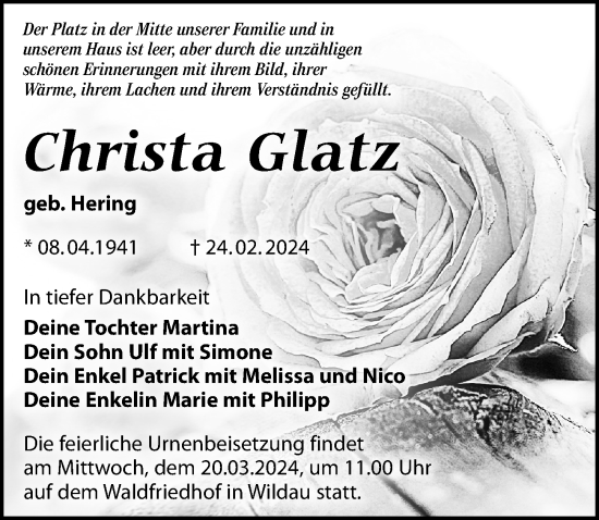 Traueranzeige von Christa Glatz von Märkischen Allgemeine Zeitung