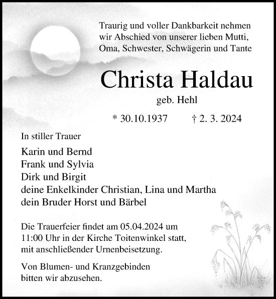 Traueranzeige von Christa Haldau von Ostsee-Zeitung GmbH