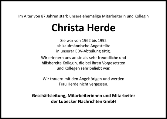 Traueranzeige von Christa Herde von Lübecker Nachrichten