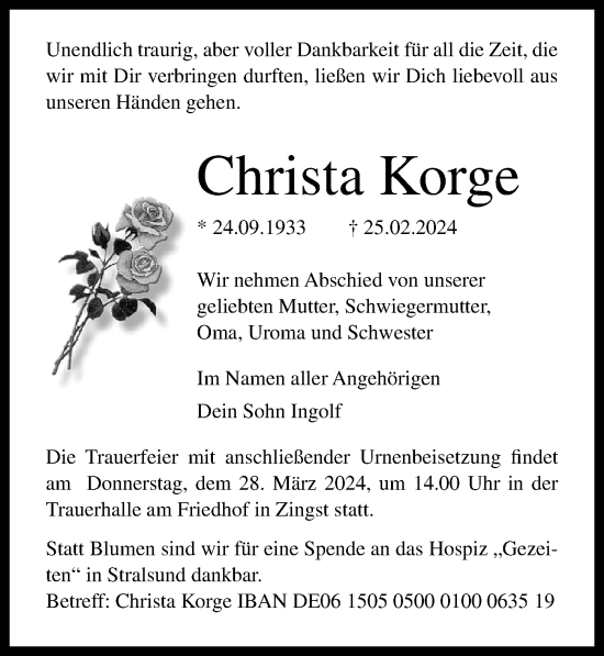 Traueranzeige von Christa Korge von Ostsee-Zeitung GmbH