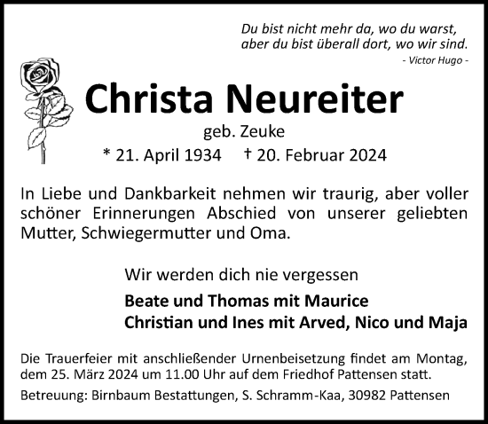 Traueranzeige von Christa Neureiter von Hannoversche Allgemeine Zeitung/Neue Presse