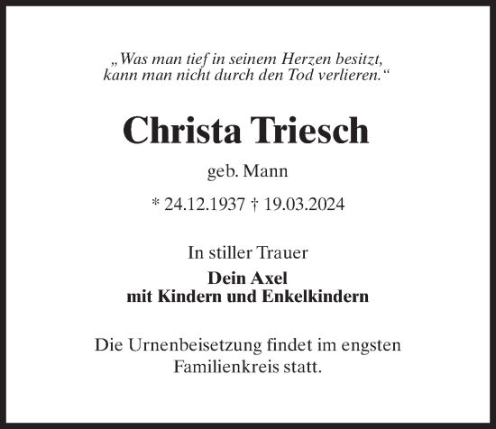 Traueranzeige von Christa Triesch von Kieler Nachrichten