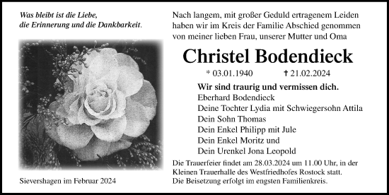 Traueranzeige von Christel Bodendieck von Ostsee-Zeitung GmbH