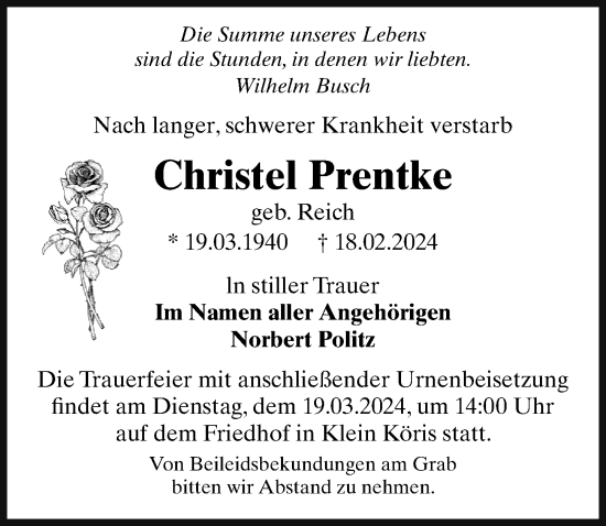 Traueranzeige von Christel Prentke von Märkischen Allgemeine Zeitung