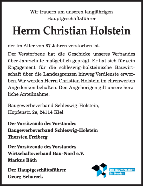 Traueranzeige von Christian Holstein von Kieler Nachrichten