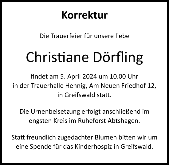 Traueranzeige von Christiane Dörfling von Ostsee-Zeitung GmbH