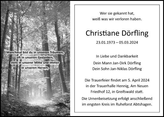 Traueranzeige von Christiane Dörfling von Ostsee-Zeitung GmbH