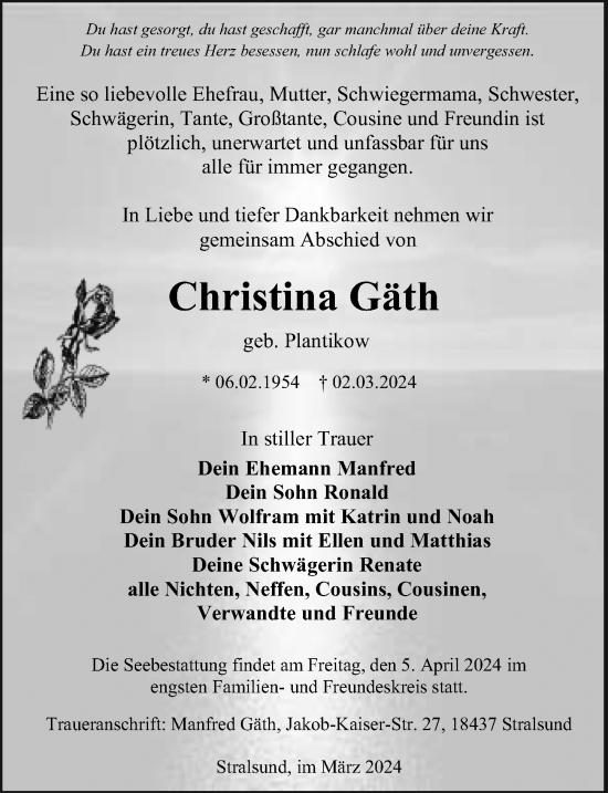 Traueranzeige von Christina Gäth von Ostsee-Zeitung GmbH