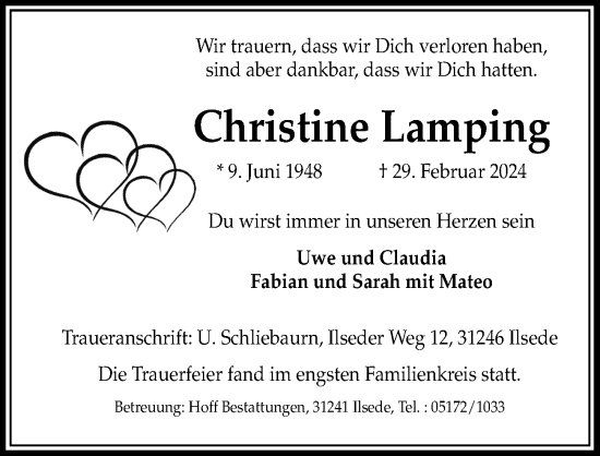 Traueranzeige von Christine Lamping von Peiner Allgemeine Zeitung