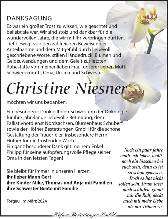Traueranzeige von Christine Niesner von Torgauer Zeitung