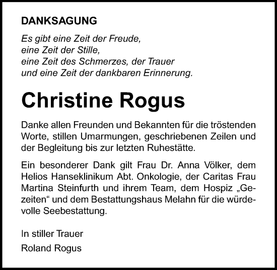 Traueranzeige von Christine Rogus von Ostsee-Zeitung GmbH
