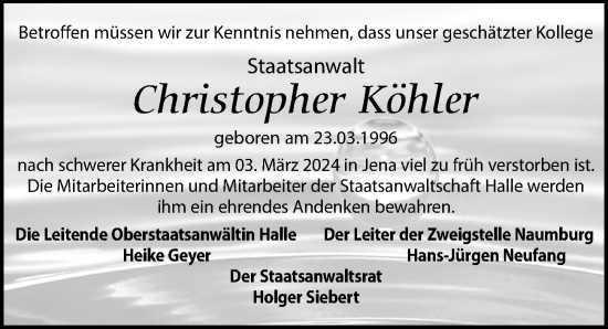 Traueranzeige von Christopher Köhler von Leipziger Volkszeitung
