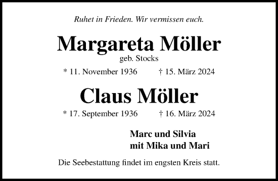Traueranzeige von Claus Möller von Lübecker Nachrichten