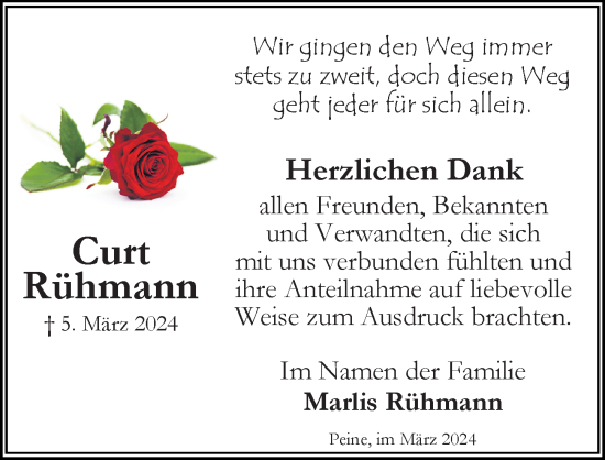 Traueranzeige von Curt Rühmann von Peiner Allgemeine Zeitung