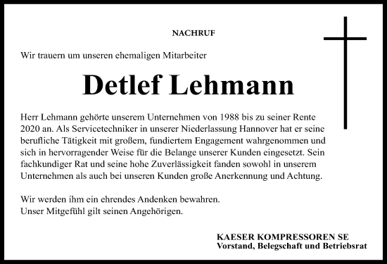 Traueranzeige von Detlef Lehmann von Hannoversche Allgemeine Zeitung/Neue Presse