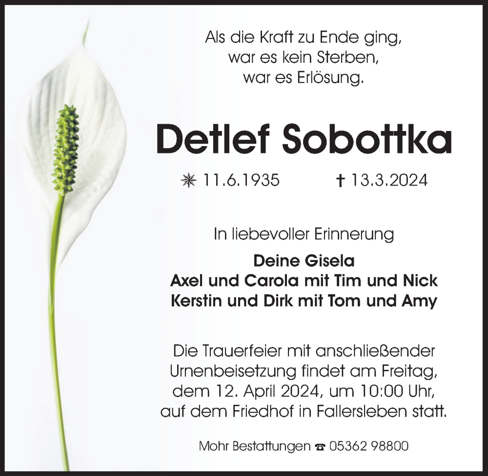  Traueranzeige für Detlef Sobottka vom 30.03.2024 aus Aller Zeitung