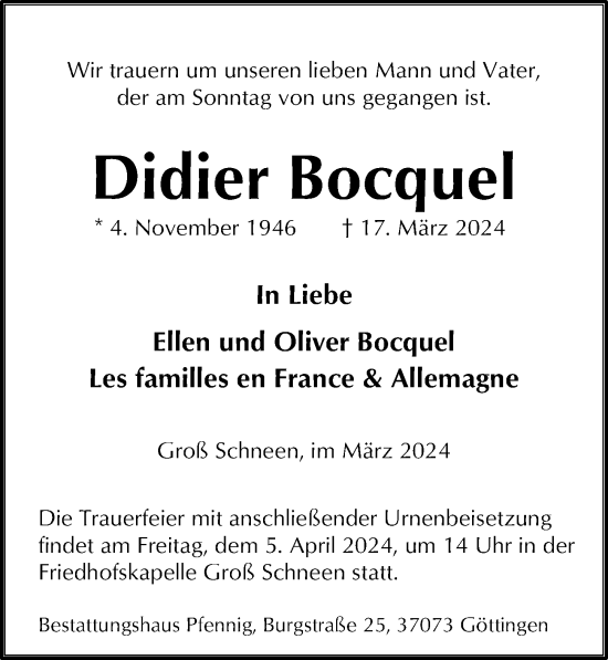 Traueranzeige von Didier Bocquel von Göttinger Tageblatt