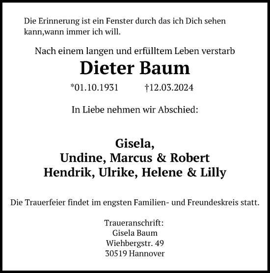 Traueranzeige von Dieter Baum von Hannoversche Allgemeine Zeitung/Neue Presse