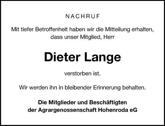 Traueranzeige von Dieter Lange von Leipziger Volkszeitung