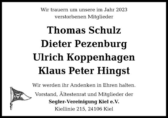 Traueranzeige von Dieter Pezenburg von Kieler Nachrichten