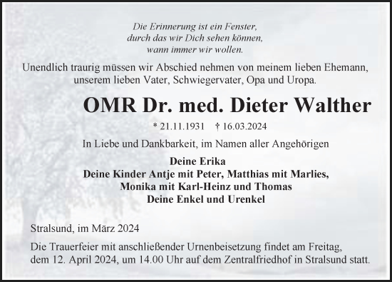 Traueranzeige von Dieter Walther von Ostsee-Zeitung GmbH