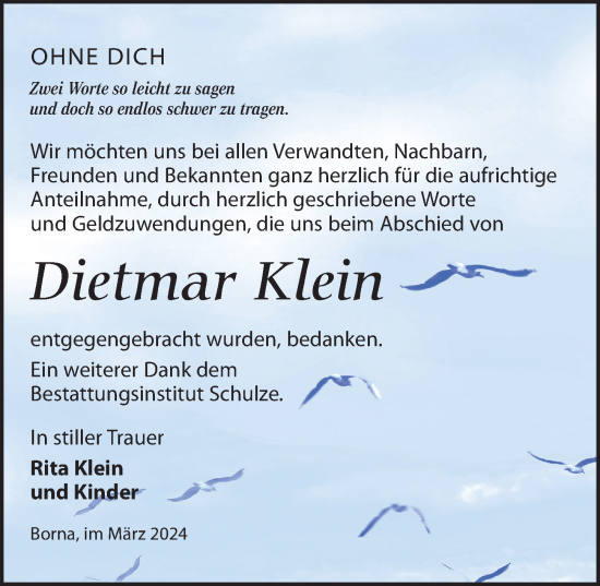 Traueranzeige von Dietmar Klein von Leipziger Volkszeitung