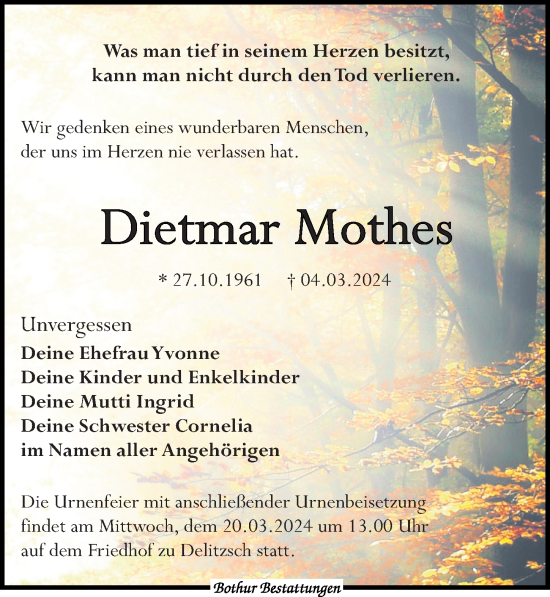 Traueranzeige von Dietmar Mothes von Leipziger Volkszeitung