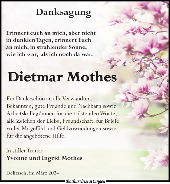 Traueranzeige von Dietmar Mothes von Leipziger Volkszeitung