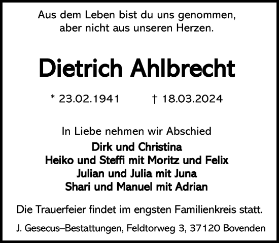 Traueranzeige von Dietrich Ahlbrecht von Göttinger Tageblatt