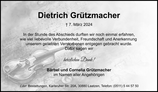 Traueranzeige von Dietrich Grützmacher von Hannoversche Allgemeine Zeitung/Neue Presse