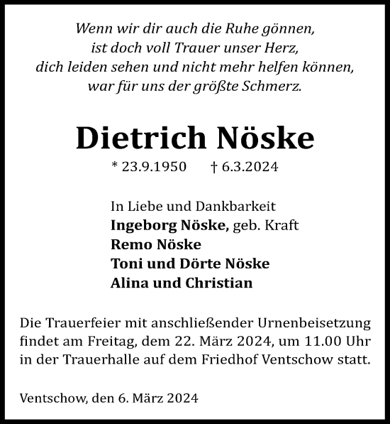 Traueranzeige von Dietrich Nöske von Ostsee-Zeitung GmbH