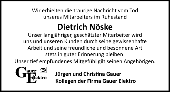 Traueranzeige von Dietrich Nöske von Ostsee-Zeitung GmbH