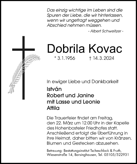Traueranzeige von Dobrila Kovac von Hannoversche Allgemeine Zeitung/Neue Presse