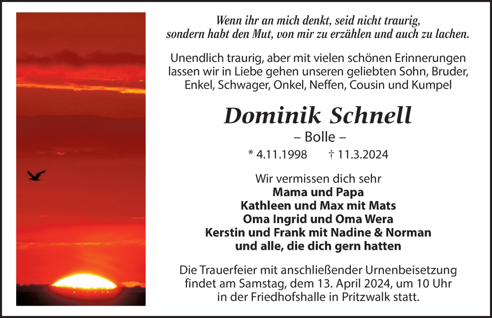  Traueranzeige für Dominik Schnell vom 23.03.2024 aus Wochenspiegel