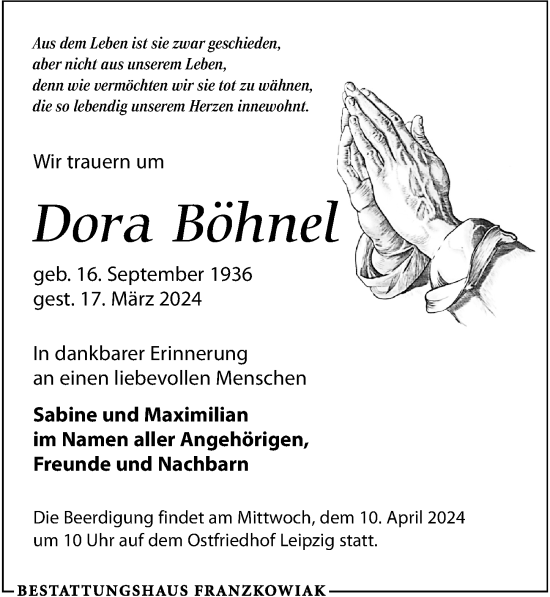 Traueranzeige von Dora Böhnel von Leipziger Volkszeitung