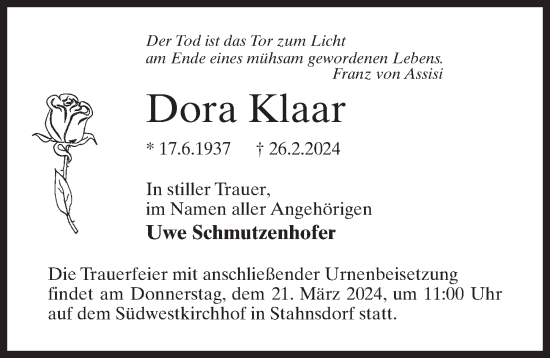 Traueranzeige von Dora Klaar von Märkischen Allgemeine Zeitung