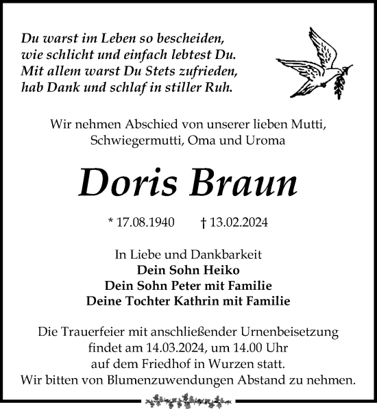 Traueranzeige von Doris Braun von Leipziger Volkszeitung
