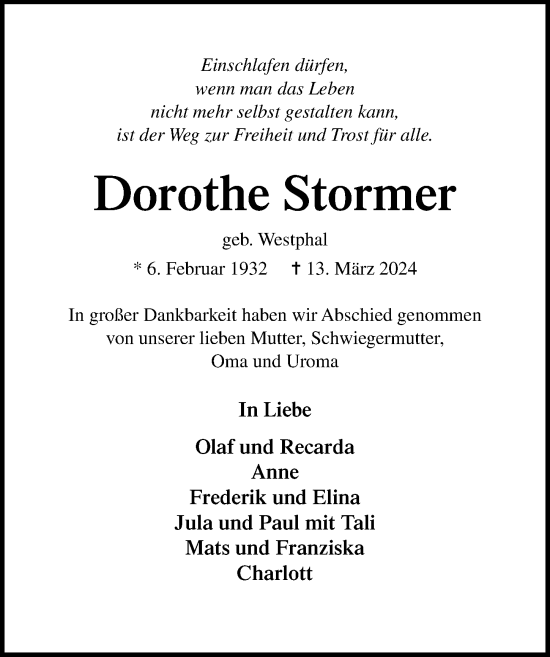 Traueranzeige von Dorothe Stormer von Lübecker Nachrichten
