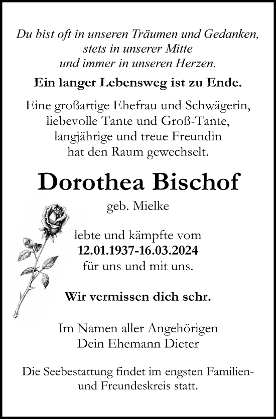 Traueranzeige von Dorothea Bischof von Ostsee-Zeitung GmbH
