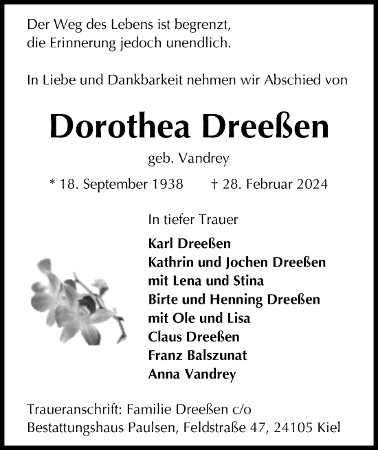 Traueranzeige von Dorothea Dreeßen von Kieler Nachrichten