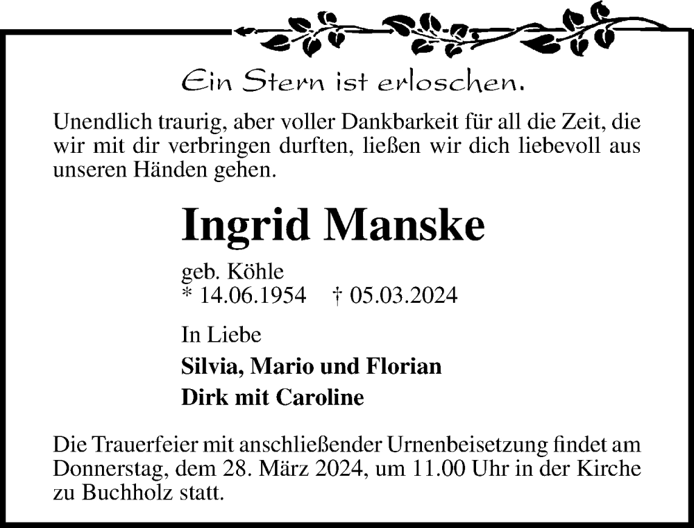  Traueranzeige für Ingrid Manske vom 16.03.2024 aus Ostseezeitung