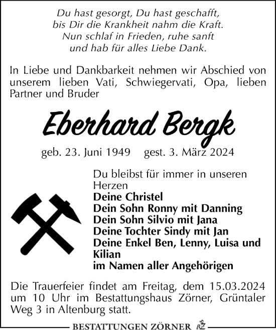 Traueranzeige von Eberhard Bergk von Leipziger Volkszeitung