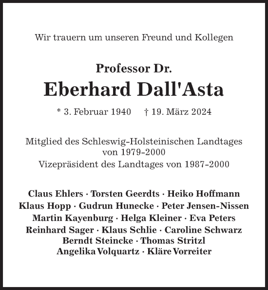 Traueranzeige von Eberhard Dall Asta von Kieler Nachrichten