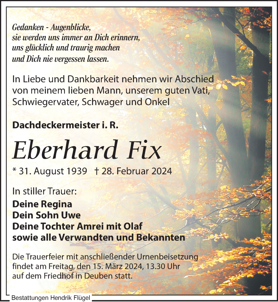  Traueranzeige für Eberhard Fix vom 09.03.2024 aus Leipziger Volkszeitung