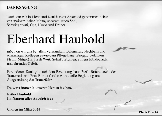 Traueranzeige von Eberhard Haubold von Leipziger Volkszeitung